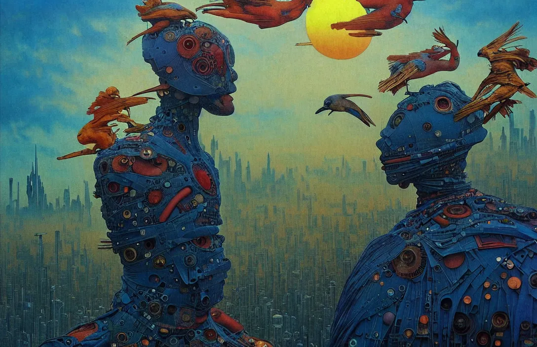 Prompt: realistic detailed portrait movie shot of a birdman wearing dark ragged robes, futuristic city sunset landscape background by denis villeneuve, amano, yves tanguy, alphonse mucha, ernst haeckel, max ernst, roger dean, masterpiece, deepdream, rich moody colours, bird head, blue eyes, hyperdetailed