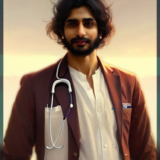 Image similar to Anxious good looking pale young Indian doctors wearing American clothes at the airport, portrait, elegant, intricate, digital painting, artstation, concept art, smooth, sharp focus, illustration, art by artgerm and greg rutkowski and alphonse mucha