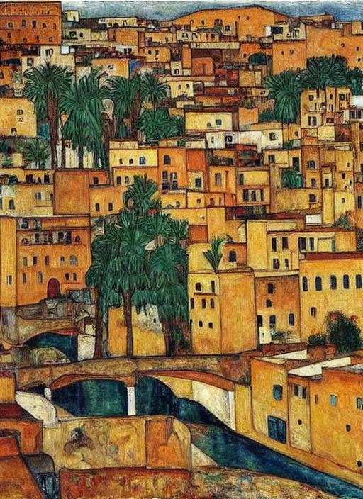 Image similar to small city in morocco with a bridge on local river, ten number house near a lot of palm trees, painting by egon schiele