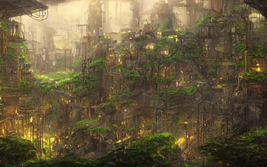 Prompt: trending on artstation 2d concept art illustration of an underground industrial steampunk city with a green thriving oasis in the middle