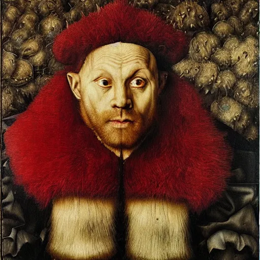 Image similar to portrait of wolf wolfman, oil painting by jan van eyck, northern renaissance art, oil on canvas, wet - on - wet technique, realistic, expressive emotions, intricate textures, illusionistic detail