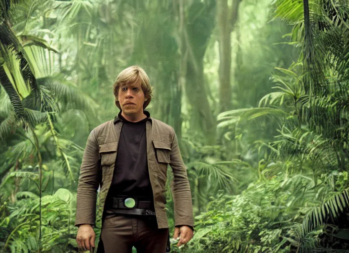 Image similar to screenshot portrait of luke skywalker at the new jedi temple in the jungle. played by actor Mark Hammill, Photographed with Leica Summilux-M 24 mm lens, ISO 100, f/8, Portra 400