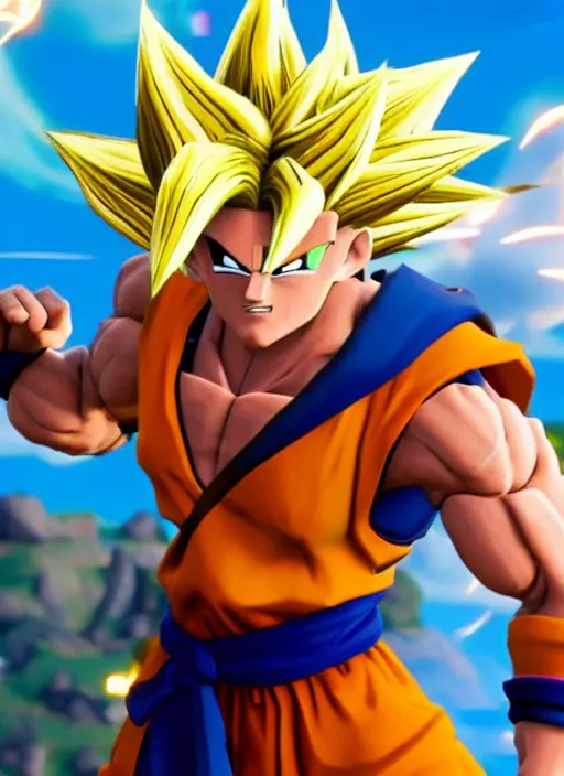 Image similar to game still of super sayan goku as a fortnite skin in fortnite.