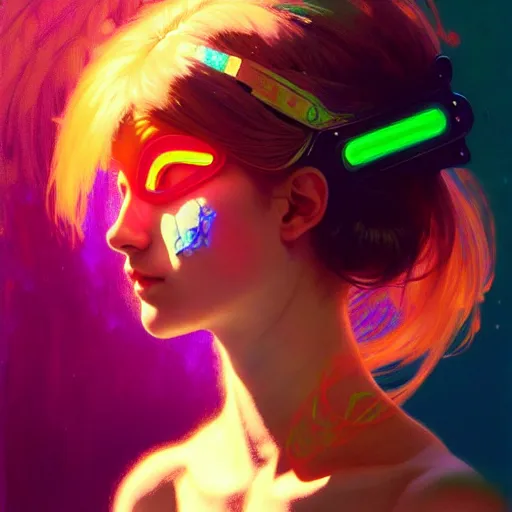 Prompt: A girl wearing a glowing colorful rave mask, face, detailed, intricate, elegant, highly detailed, digital painting, artstation, concept art, smooth, sharp focus, illustration, art by Krenz Cushart and Artem Demura and alphonse mucha