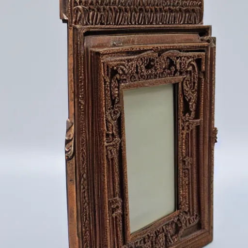 Prompt: a copper picture frame designed by Louis sullivan, patina, weathered, ornate