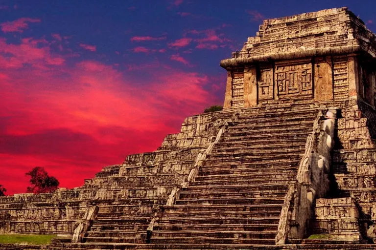 Image similar to ornate detailed aztec temple, flowing blood down steps, jungle setting, red sunset sky