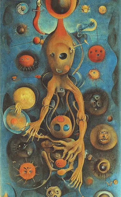 Image similar to a new small cute creature from space cosmic multiple eyes a bit weird cosmic with an intriguing wonderful machine beside him, tarot card, beautiful frames, Leonora Carrington moebius Hieronymus Bosch Max Ernst dali Zdzisaw Beksiñski Roland Topor Henryk Plociennik
