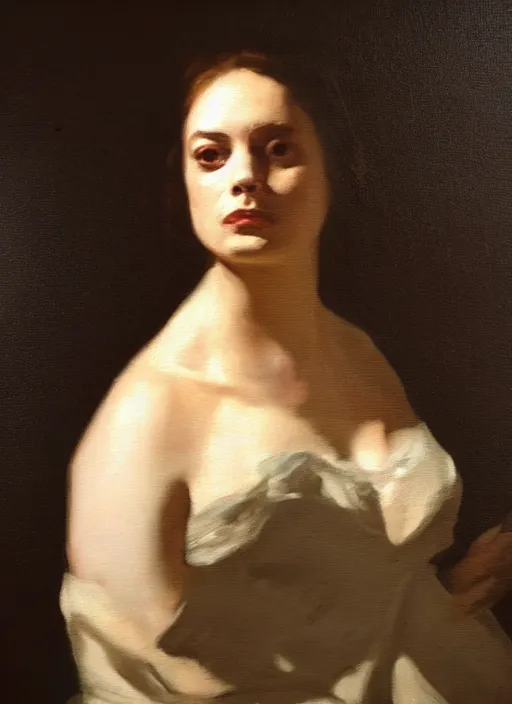 Prompt: unnerving realistic oil painting portrait of Gillian Jacobs by Francisco de Goya, realistic, dramatic backlighting