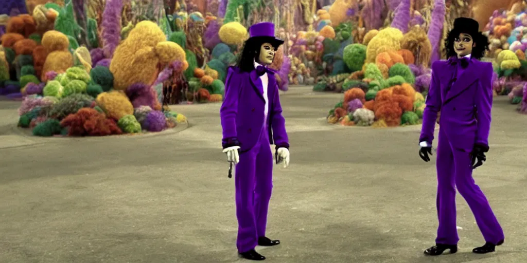 Image similar to Michael Jackson playing willy wonka in a warner bros movie, charlie and the choclate factory ultra realistic, 4K, movie still, UHD, sharp, detailed, cinematic, render, modern