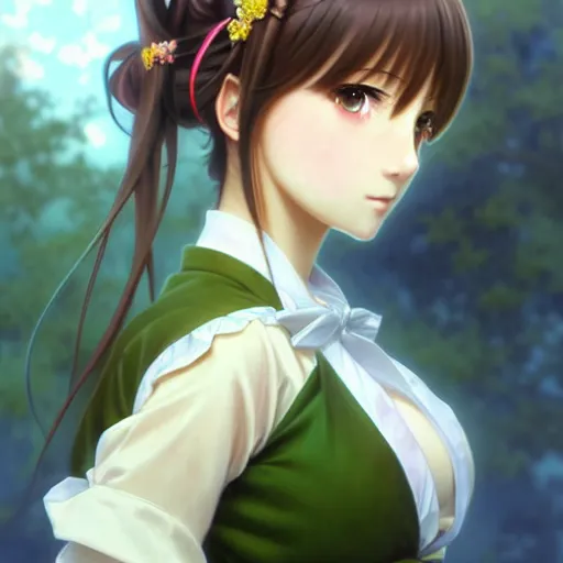 Image similar to beautiful anime high school girl, complete body view, brown hair, ponytail, white ribbon, green eyes, full perfect face, slightly smiling, western, fantasy, intricate, elegant, highly detailed, digital painting, artstation, detailed school background, matte, sharp focus, illustration, art by Artgerm and Greg Rutkowski, Alphonse Mucha, Sasoura, Satchely, no distorsion