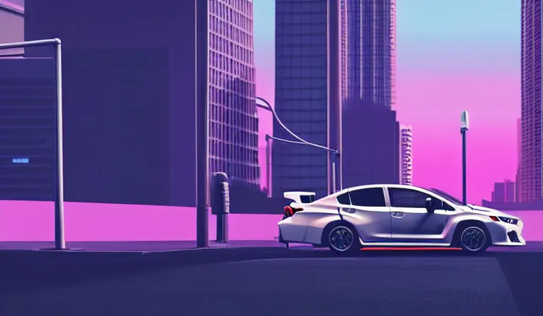 Image similar to a beautiful, sharp focus, clean lines. an urban cityscape with a grey 2 0 1 8 subaru wrx on the street. vaporwave ombre rendering. outrun style. trending on artstation. recommended for you behance. by chris moore. by edward hopper. ambient occlusion. digital matte painting. metropolis filmic. gotham city.