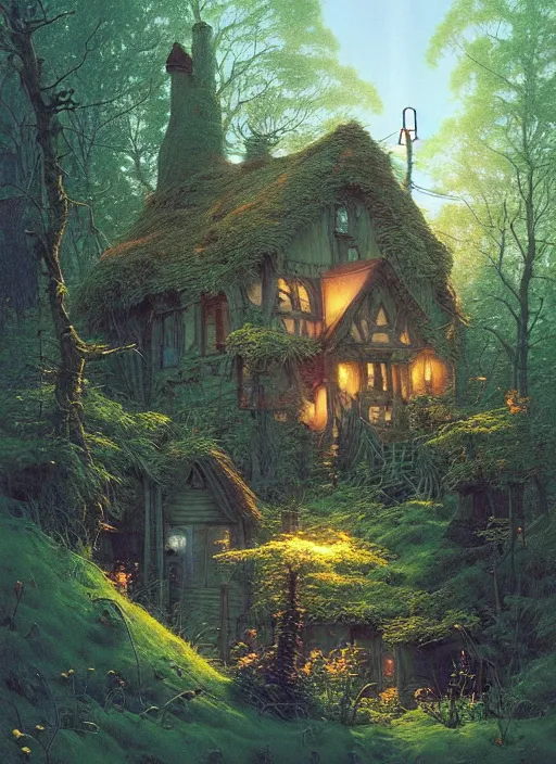 Image similar to hyper realistic witch cottage with happy lighting and technology in the woods gorgeous lighting, sunbeams blue sky, highly detailed photoreal, lush forest foliage painting by zdzisław beksinski and norman rockwell and greg rutkowski weta studio, and lucasfilm