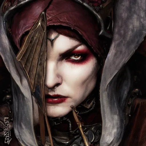 Image similar to closeup portrait of a surly and resentful female tiefling thief with grit and small horns clothed in leather armor and a cloak, angry expression, by Greg Rutkowski and John Collier and Krenz Cushart and Artem Demura and Alphonse Mucha and Albert Aublet, as seen on ArtStation, 4k, dungeons and dragons, very aesthetic, very detailed, intricate, unreal, fantasy, dramatic, painterly, artstation, sharp focus, smooth