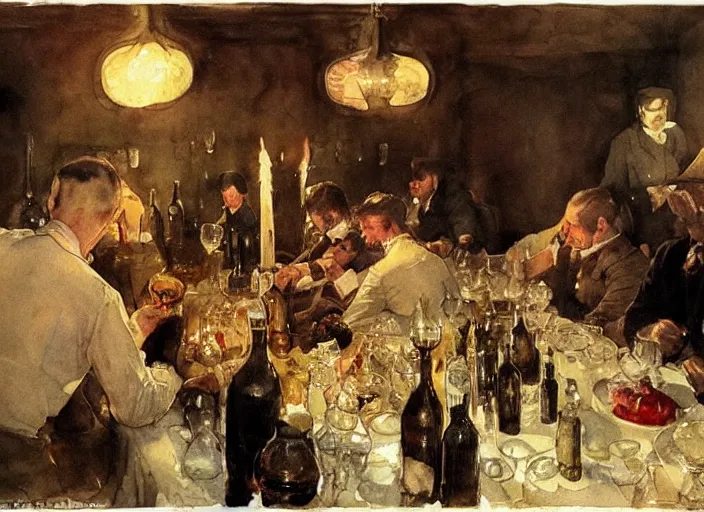 Image similar to gentlemens dinner, cellar, masterpiece, torches on wall, meat, wine, schnapps, watercolor by anders zorn and carl larsson, art nouveau