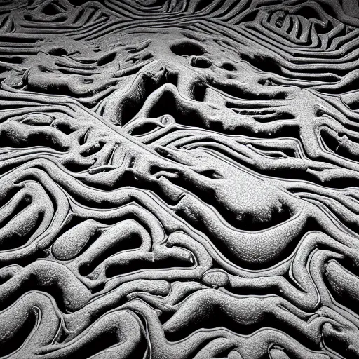 Prompt: entities, muck and geoglyphs, black and white, rendered in cinema 4 d, highly detailed, alien, interesting textures, experimental