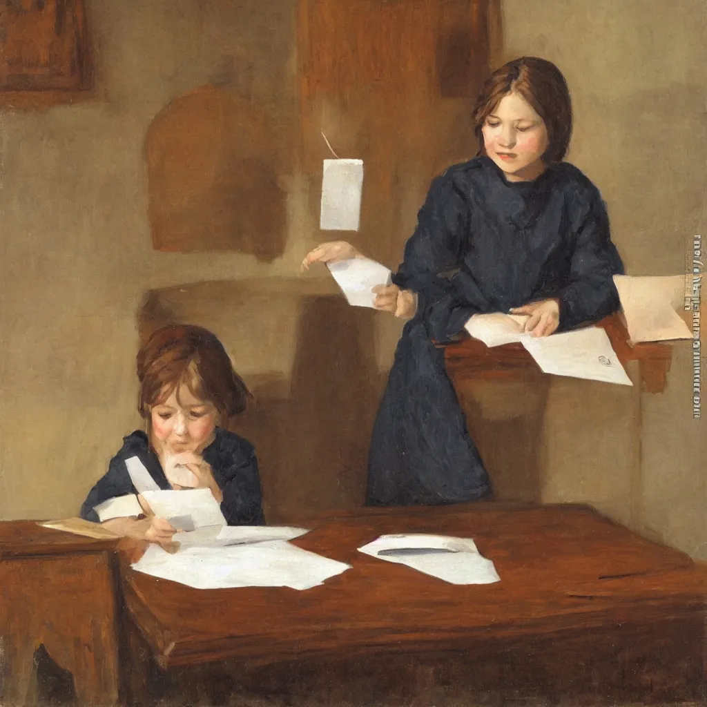 Prompt: a girl at a desk opening a letter, portrait, oil on canvas, warm, happy