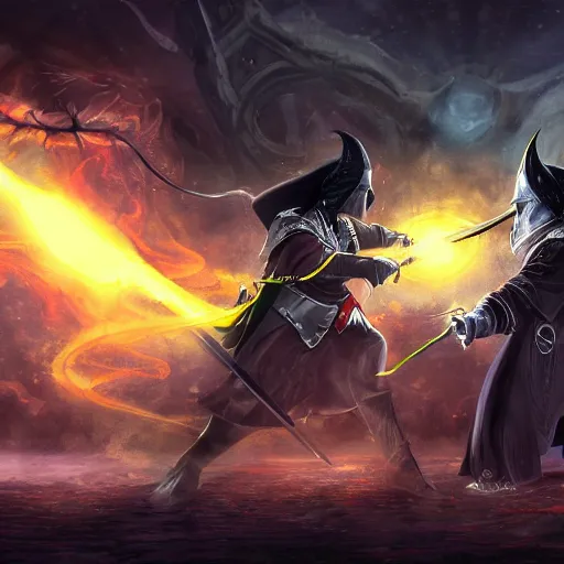 Prompt: the dark Lord having a battle with his master the grand sorcer, Digital art