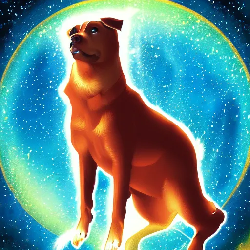 Prompt: digital painting of dog floating and pooping in space, nebula background, beautiful, hyper detailed