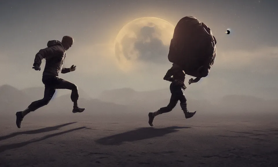 Image similar to A man running towards the moon,featured in artstation, cinematic, elegant, , 8k