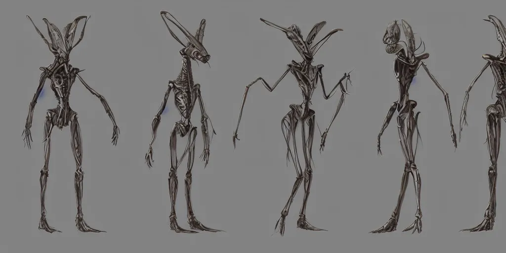 Image similar to a humanoid mantis alien creature, character design sheet, detailed concept art by fortiche