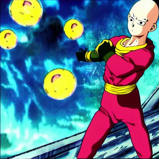 Prompt: saitama from one punch man fighting with buu from dragon ball z, anime style