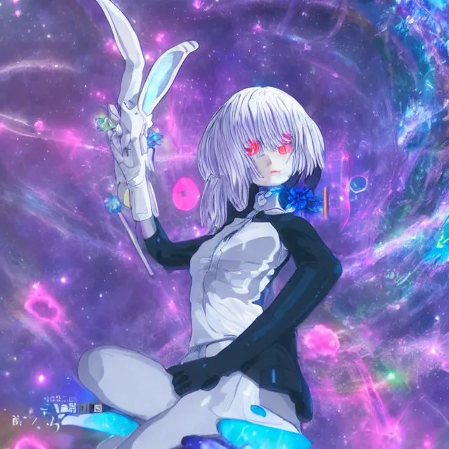 Prompt: rei ayanami, deep space, seascape, grimes, silver hair, shikinami asuka langley, card captor sakura, bunny ears, cosmos, psychedelic flowers, black opal, rainbow aura quartz, organic, oni compound artwork, of character, render, artstation, portrait, wizard, beeple, art, fantasy, epcot, psychedelic glitchcore