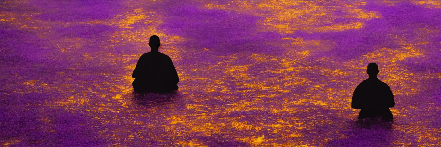 Image similar to a dark silhouette of a meditating monk on the river bank, pulsating waves of violet - gold energy emanate from the monk, hyper derailed 8 k,