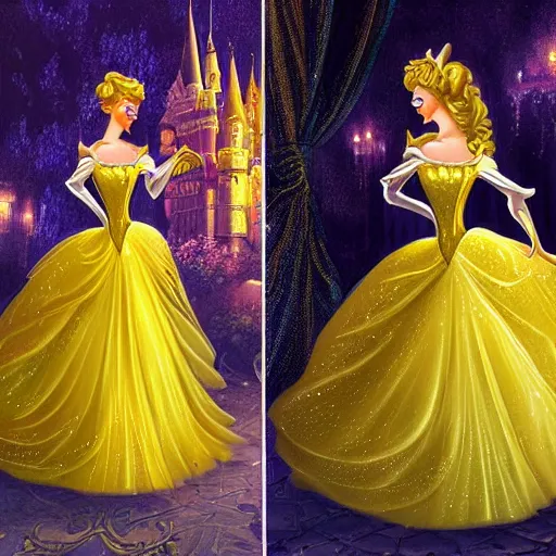 Image similar to cinderella dressed in the world's most beautiful yellow ballgown stands gracefully in the middle of a magical ballroom of a fairytale castle, spotlight on her. highly detailed fantasy art, ultra realistic, digital art, dreamy atmosphere and soft illumination