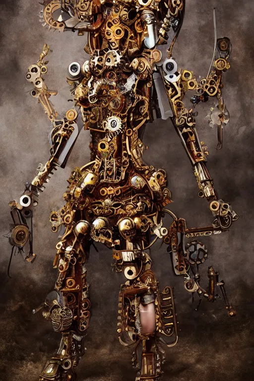Prompt: steampunk clockwork durga mecha by marek okon designed by alexander mcqueen dress by guo pei