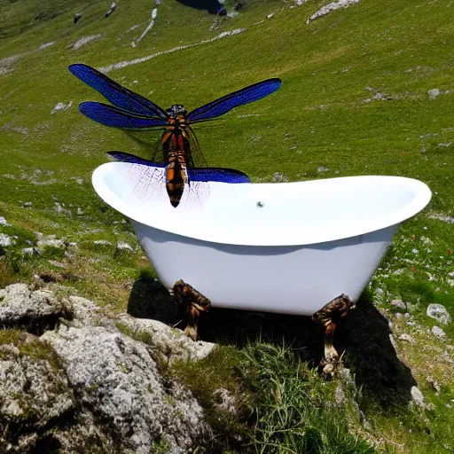 Image similar to dragonfly in a bathtub in the alps, goats!!!!! in background