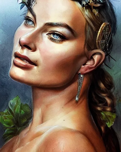 Image similar to realism tattoo sketch of margot robbie as a beautiful greek goddess aphrodite with piercing eyes wearing a laurel wreath and triangle earrings, in the style of greg rutkowski, amazing detail