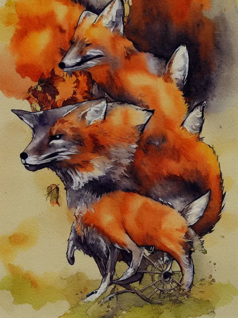 Image similar to autumn fox wheelbarrow watercolor by arti chauhan trending on artstation