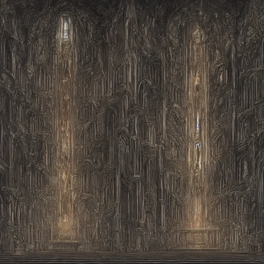 Prompt: digital painting of church interior designed by H R Giger, H.R. Giger style, Alien, Necronomicon, concept art, matte painting, digital painting, realism, 8K, RAW, unedited, symmetrical balance, in-frame