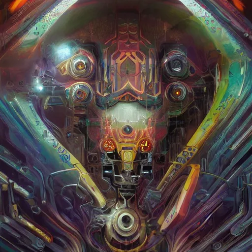 Image similar to low angle shot of a cyberpunk gazmask multicolored robot character, intricate, elegant, highly detailed, centered, digital painting, artstation, concept art, smooth, sharp focus, illustration, artgerm, Tomasz Alen Kopera, Peter Mohrbacher, donato giancola, Joseph Christian Leyendecker, WLOP, Boris Vallejo