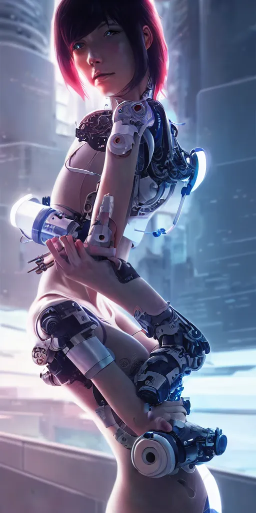 Image similar to realistic render of a cyborg - girl tearing off an arm by ross draws, futuristic dystopian city by ilya kuvshinov, digital anime art by ross tran, extreme intricate details, composition by sana takeda, lighting by greg rutkowski