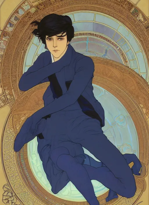 Image similar to handsome young man with short black hair, male, dressed in blue, looking down, half body shot, arms down, path traced, highly detailed, high quality, digital painting, by studio ghibli and alphonse mucha, hidari, art nouveau