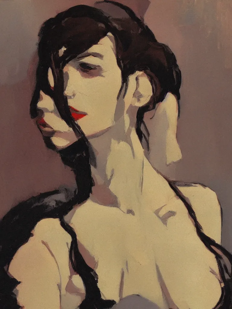Prompt: portrait profile of a beautiful woman in 1 9 7 8, oil painting by john watkiss
