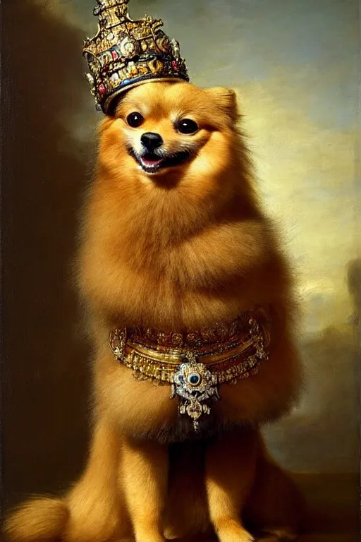 Prompt: pomeranian sitting on a throne holding a royal sceptre in its paw, with a crown on its head, by rembrandt and konstantin razumov
