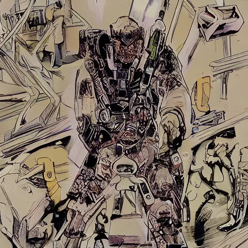 Image similar to Mcbess designed cyberpunk aesthetic TOOL album cover art of a giant mech warrior