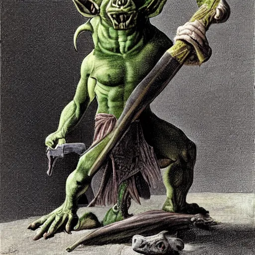 Image similar to dog - faced muscular goblin, ugly face, lizard tail, holding scimitar made of bone, scimitar, colorized, green skin, hyper - detailed, primeval fantasy, prehistoric fantasy, art by jacques - louis david