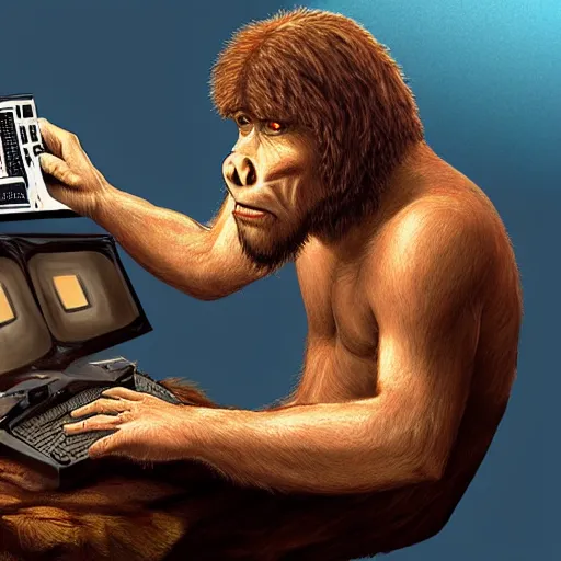 Prompt: Neanderthal working on a PC in the style of James Cameron