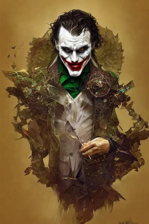 Image similar to portrait of the joker, forest, godlike, full body, fantasy, intricate, elegant, highly detailed, digital painting, artstation, concept art, sharp focus, illustration, art by artgerm and greg rutkowski and alphonse mucha