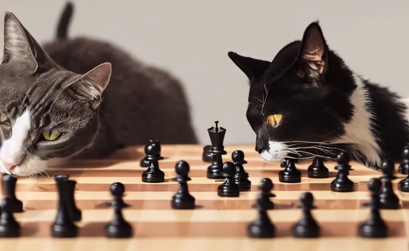 Prompt: cat playing chess against a dog