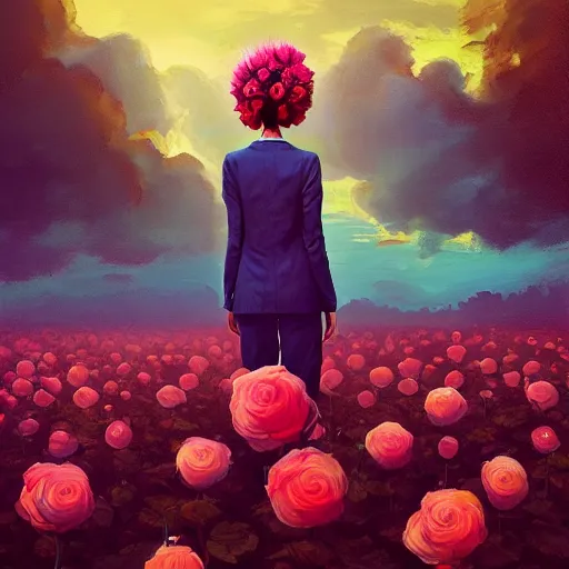 Image similar to portrait, giant rose flower head, girl in a suit, surreal photography, sunrise, blue sky, dramatic light, impressionist painting, digital painting, artstation, simon stalenhag