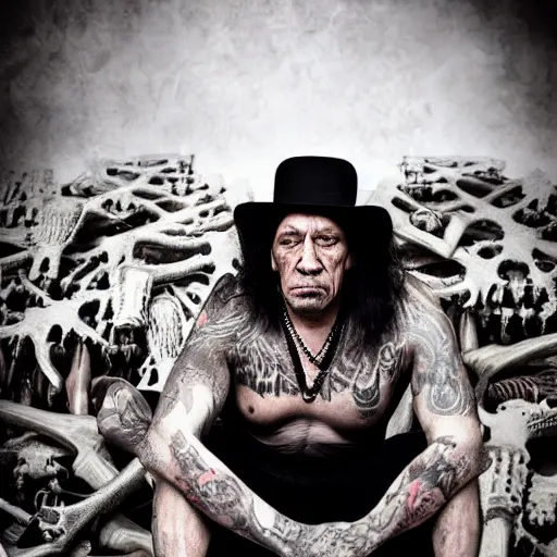 Image similar to a photo of a sad victorian gothic danny trejo sitting on a sofa of bones surrounded by a cyber futuristic cityscape made of human body parts, lighting, 5 0 mm, perfect faces, award winning phhotography