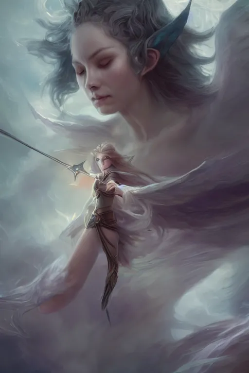 Image similar to beautiful girl wizard of the coast, lord of the rings elf, casting magic spell, angel, 3 d render, hyper realistic detailed portrait, magic storm, thunder, ruan jia, wlop. scifi, fantasy, magic the gathering, hyper detailed, octane render, concept art, peter mohrbacher