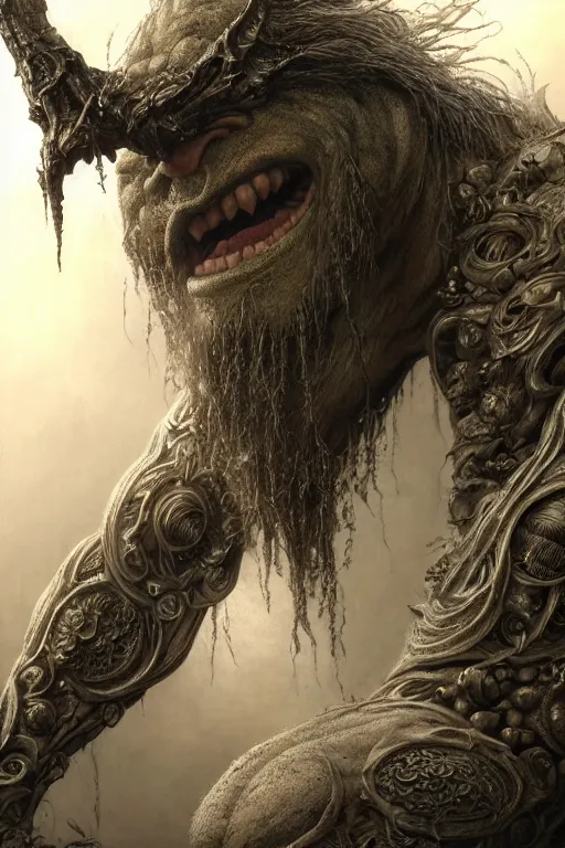 Prompt: one - eye ogre, intricate, ethereal, by luis royo, hyper detailed, weta digital, ray trace, unreal engine, trending on artist, lit, glow, cinematic, soft light, photorealistic, volumetric, realistic, glossy, 8 k post - production, masterpiece, luxury, smooth