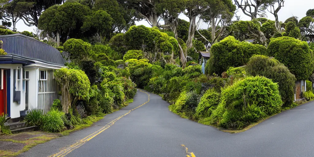 Prompt: a suburban street in wellington, new zealand. quaint cottages interspersed with an ancient remnant lowland podocarp broadleaf forest full of enormous trees with astelia epiphytes and vines. rimu, kahikatea, cabbage trees, manuka, tawa trees, rata. stormy windy day. landscape photography 4 k. stream in foreground