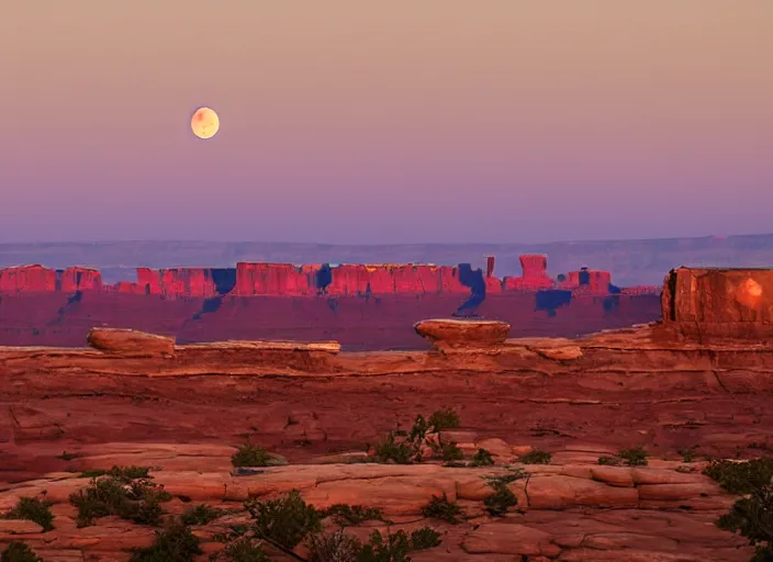 Prompt: a huge full moon rising over the horizon of canyonlands. 5 0 0 mm