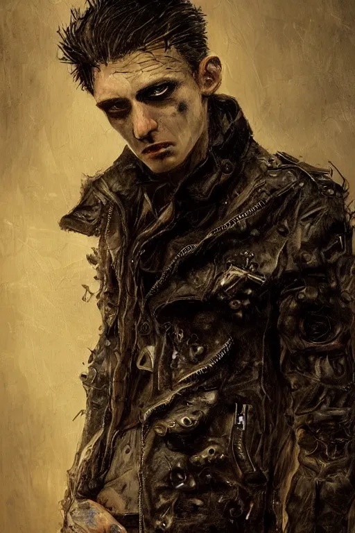 Image similar to a rough looking young man, buzzed hair, gothic, tattered leather coat, intricate, elegant, dramatic lighting, rugged face, highly detailed, lifelike, photorealistic, digital painting, artstation, illustration, concept art, smooth, sharp focus, art by John Collier and Albert Aublet and Krenz Cushart and Artem Demura and Alphonse Mucha